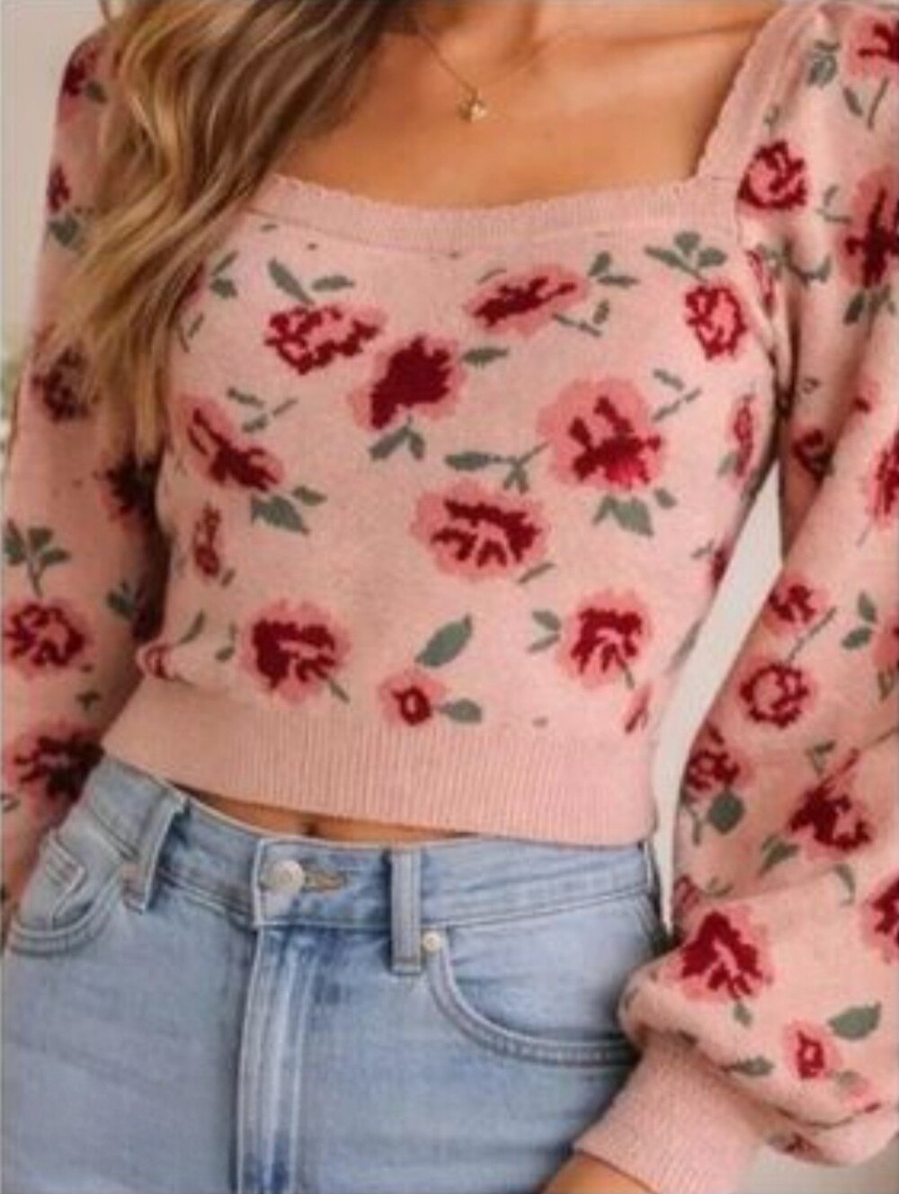 Pink Floral Square-Neck Crop Sweater
